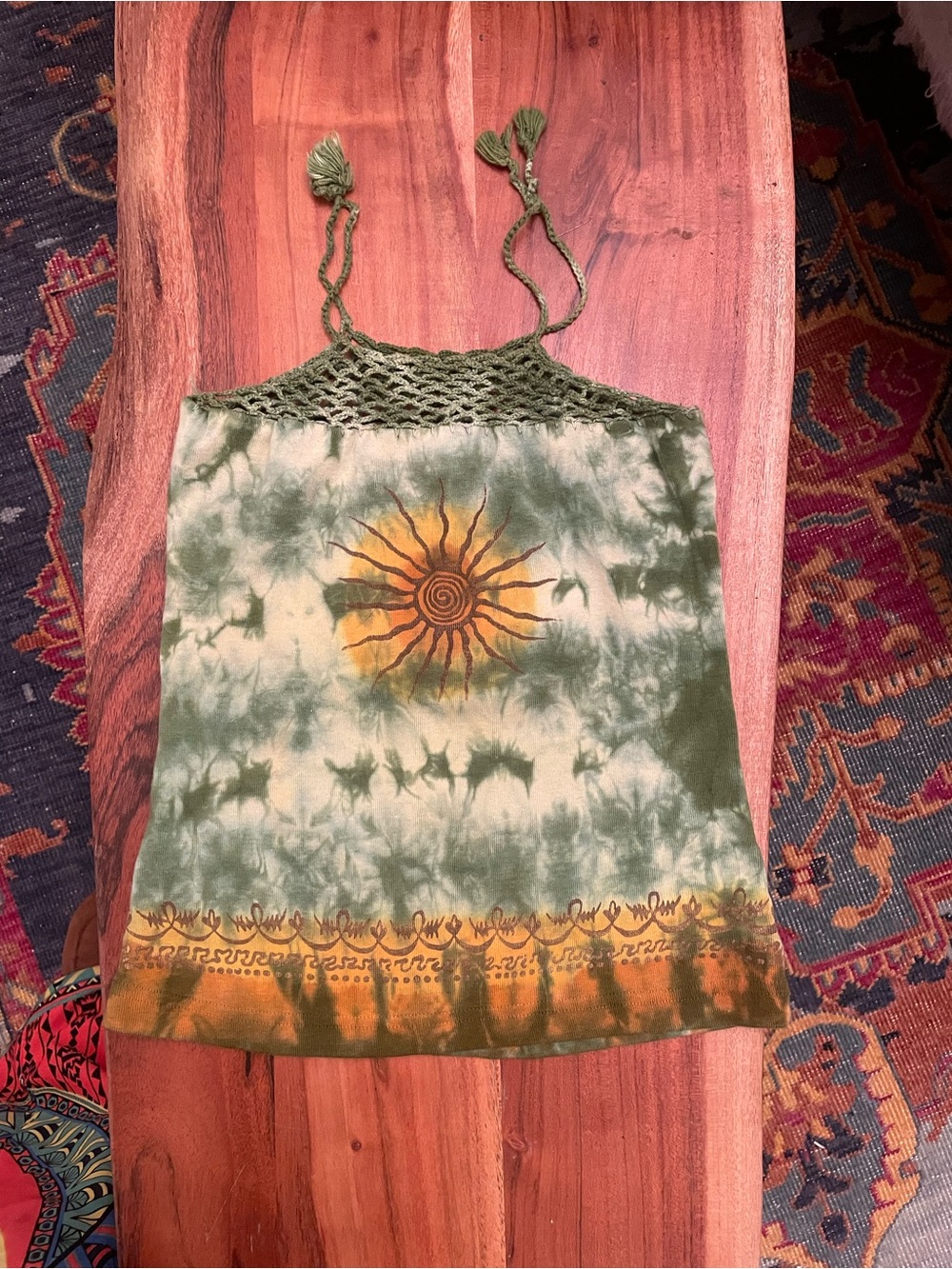 BoHo tie-dye crochet sun tank top green festival hippie Y2K